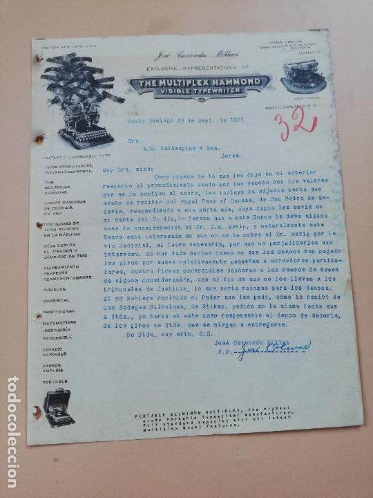 Cartas comerciais: CARTA COMERCIAL. THE MULTIPLEX HAMMOND. JOSE CERECEDO MILLAN. SANTO DOMINGO. 1921.