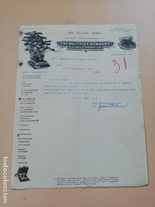 Cartas comerciais: CARTA COMERCIAL. THE MULTIPLEX HAMMOND. JOSE CERECEDO MILLAN. SANTO DOMINGO. 1921.