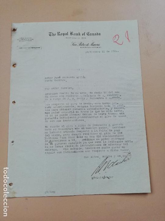 Cartas comerciais: CARTA COMERCIAL. THE ROYAL BANK OF CANADA. SAN PEDRO DE MACORIS, REPUBLICA DOMINICANA. 1921.