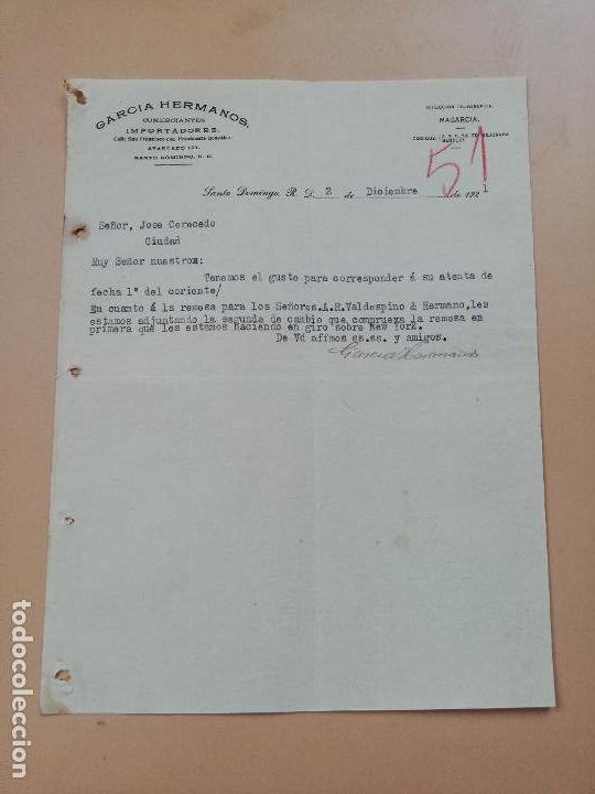 Cartas comerciais: CARTA COMERCIAL. GARCIA HERMANOS. COMERCIANTES IMPORTADORES. SANTO DOMING. 1921.