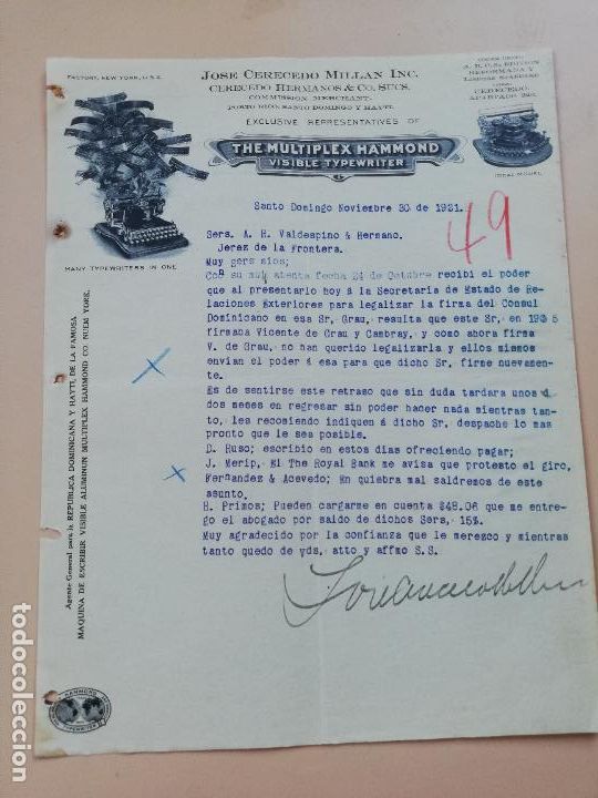 Cartas comerciais: CARTA COMERCIAL. THE MULTIPLEX HAMMOND. JOSE CERECEDO MILLAN. SANTO DOMINGO. 1921.