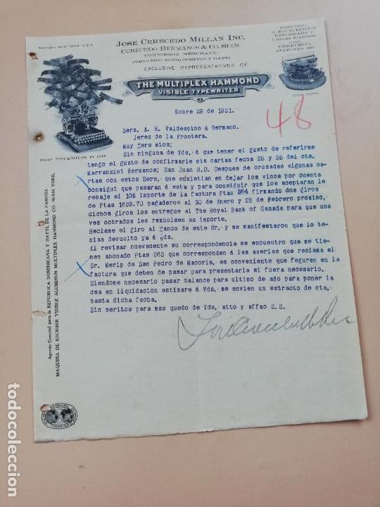 Cartas comerciais: CARTA COMERCIAL. THE MULTIPLEX HAMMOND. JOSE CERECEDO MILLAN. SANTO DOMINGO. 1921.