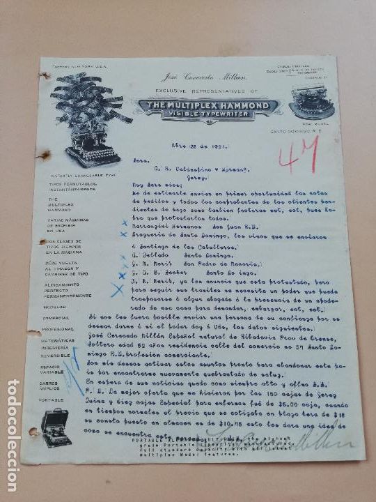 Cartas comerciais: CARTA COMERCIAL. THE MULTIPLEX HAMMOND. JOSE CERECEDO MILLAN. SANTO DOMINGO. 1921.