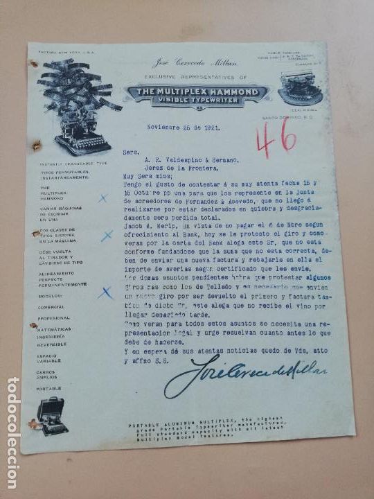 Cartas comerciais: CARTA COMERCIAL. THE MULTIPLEX HAMMOND. JOSE CERECEDO MILLAN. SANTO DOMINGO. 1921.