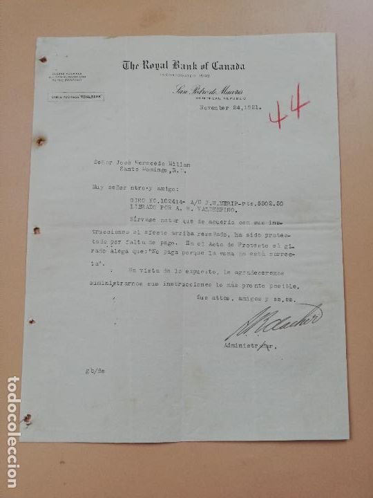 Cartas comerciais: CARTA COMERCIAL. THE ROYAL BANK OF CANADA. SAN PEDRO DE MACORIS, REPUBLICA DOMINICANA. 1921.