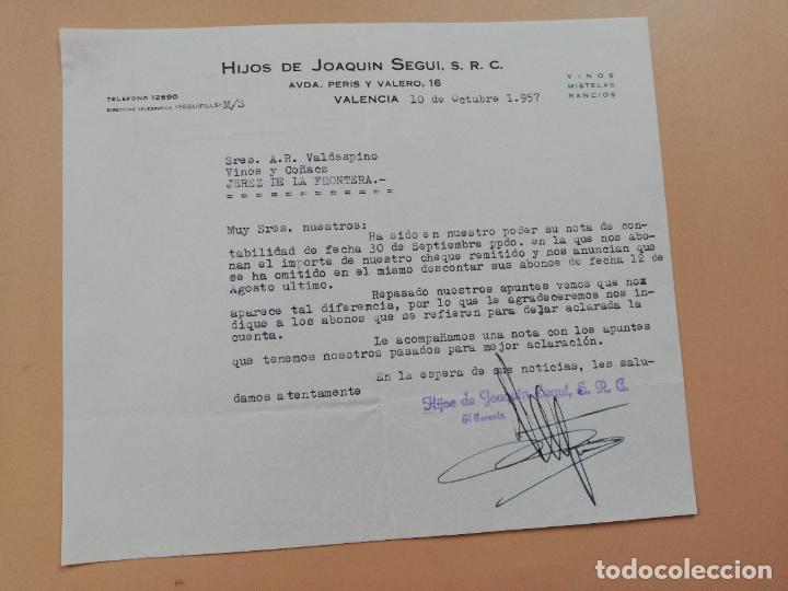 Cartas comerciais: CARTA COMERCIAL. HIJOS DE JOAQUIN SEGUI, S. R. C. VINOS MISTELAS RANCIOS. VALENCIA. 1957.