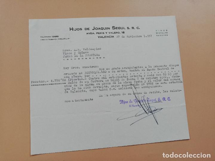 Cartas comerciais: CARTA COMERCIAL. HIJOS DE JOAQUIN SEGUI, S. R. C. VINOS MISTELAS RANCIOS. VALENCIA. 1957.