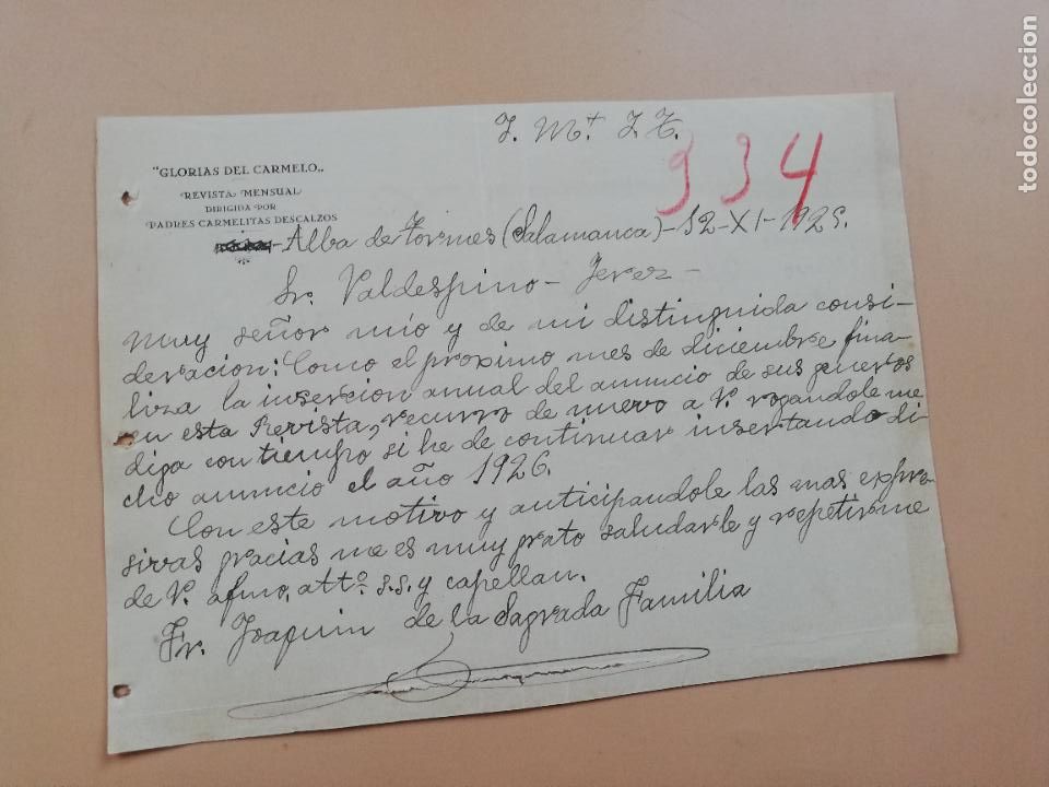 Cartas comerciais: CARTA COMERCIAL. GLORIAS DEL CARMELO. REVISTA MENSUAL. ALBA DE TORMES, SALAMANCA. 1925.