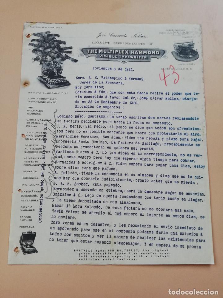 Cartas comerciais: CARTA COMERCIAL. THE MULTIPLEX HAMMOND. JOSE CERECEDO MILLAN. SANTO DOMINGO. 1921.