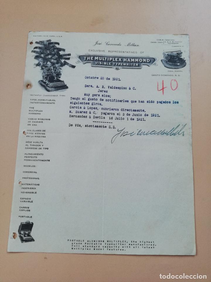 Cartas comerciais: CARTA COMERCIAL. THE MULTIPLEX HAMMOND. JOSE CERECEDO MILLAN. SANTO DOMINGO. 1921.
