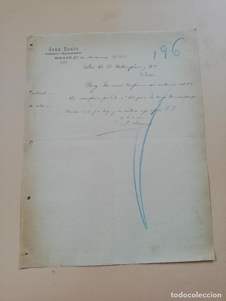 Cartas comerciais: CARTA COMERCIAL. JUAN DANUS. COMISIONES Y REPRESENTACIONES. MAHON, 1905.
