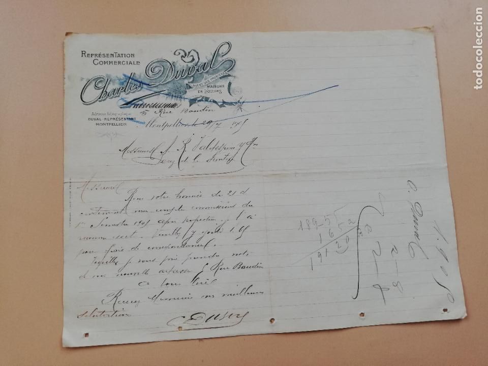 Cartas comerciais: CARTA COMERCIAL. CHARLES DUVAL. REPRESENTATION COMMERCIALE. MONTPELLIER. FRANCIA. 1905.