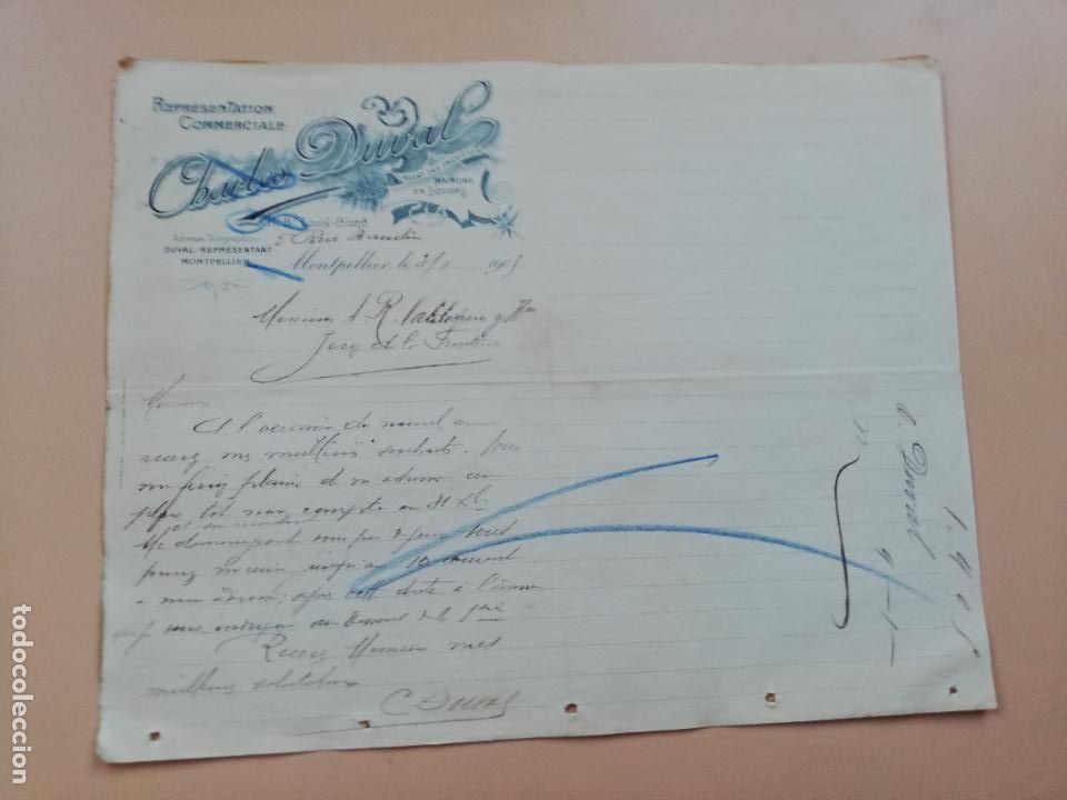 Cartas comerciais: CARTA COMERCIAL. CHARLES DUVAL. REPRESENTATION COMMERCIALE. MONTPELLIER. FRANCIA. 1905.