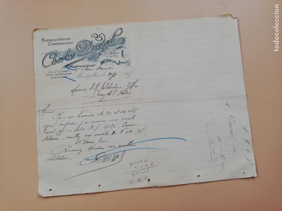 Cartas comerciais: CARTA COMERCIAL. CHARLES DUVAL. REPRESENTATION COMMERCIALE. MONTPELLIER. FRANCIA. 1905.