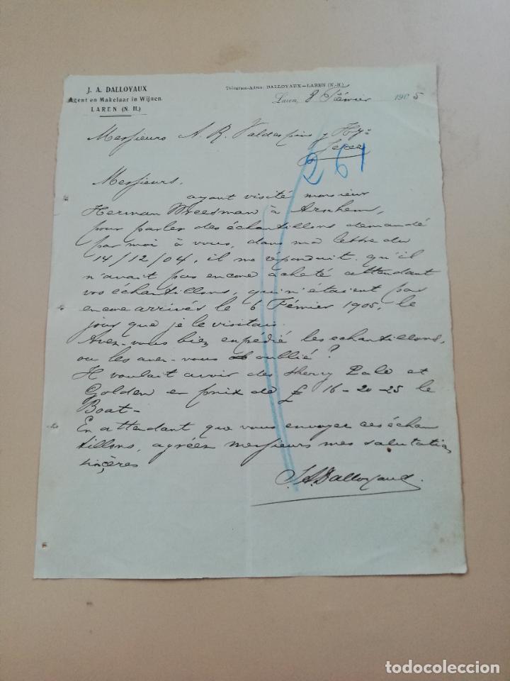 Cartas comerciais: CARTA COMERCIAL. J. A. DALLOYAUX. AGENT EN MAKELAAR IN WIJNEN. LAREN, HOLANDA. 1905.