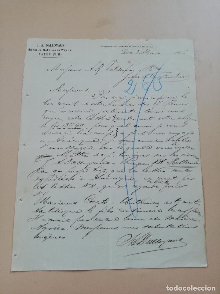 Cartas comerciais: CARTA COMERCIAL. J. A. DALLOYAUX. AGENT EN MAKELAAR IN WIJNEN. LAREN, HOLANDA. 1905.