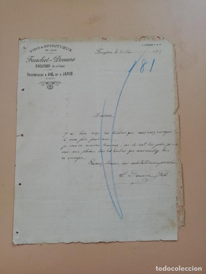 Cartas comerciais: CARTA COMERCIAL. FAUCHET-DOUANE. VINS & SPIRITUEUX. FOUGERES, FRANCIA. 1905.