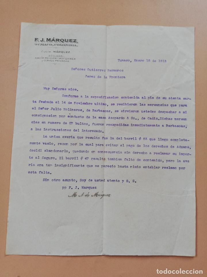 Cartas comerciais: CARTA COMERCIAL. F. J. MARQUEZ. TUMACO, COLOMBIA. 1913.