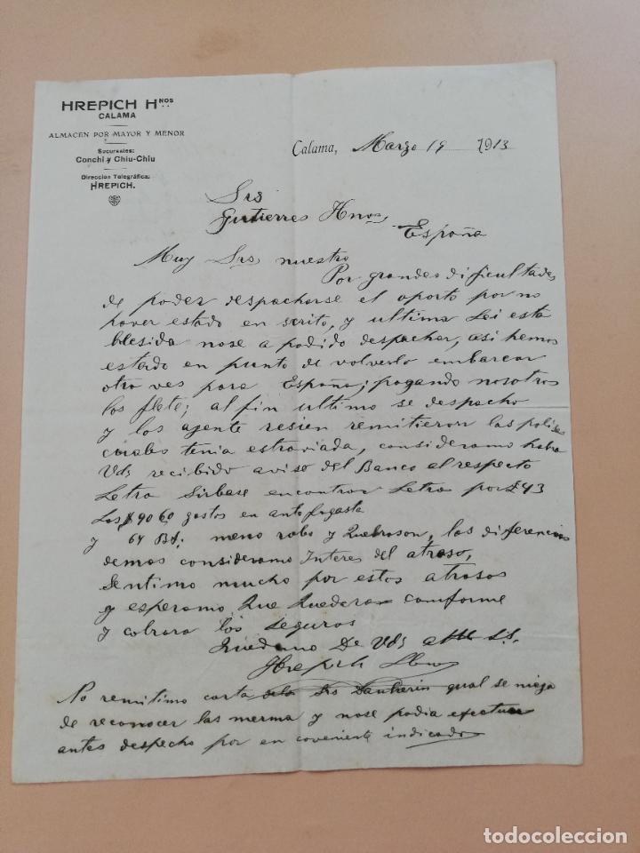 Cartas comerciais: CARTA COMERCIAL. HREPICH HNOS. ALMACEN POR MAYOR Y MENOR. CALAMA, CHILE. 1913.