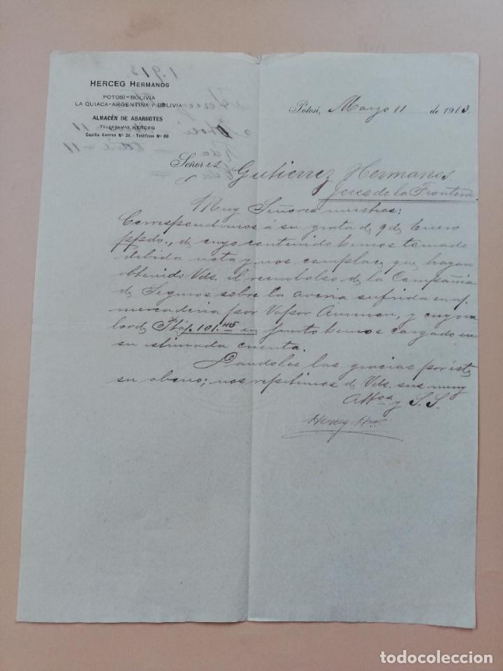 Cartas comerciais: CARTA COMERCIAL. HERCEG HERMANOS. ALMACEN DE ABARROTES. POTOSI, BOLIVIA. 1913.