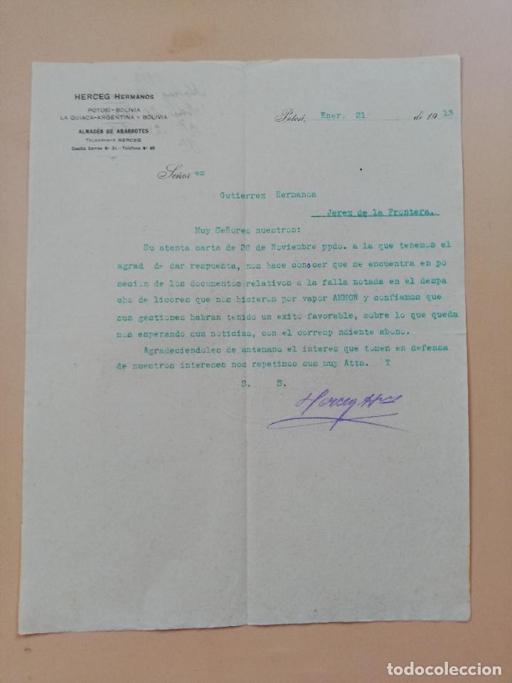 Cartas comerciais: CARTA COMERCIAL. HERCEG HERMANOS. ALMACEN DE ABARROTES. POTOSI, BOLIVIA. 1913.