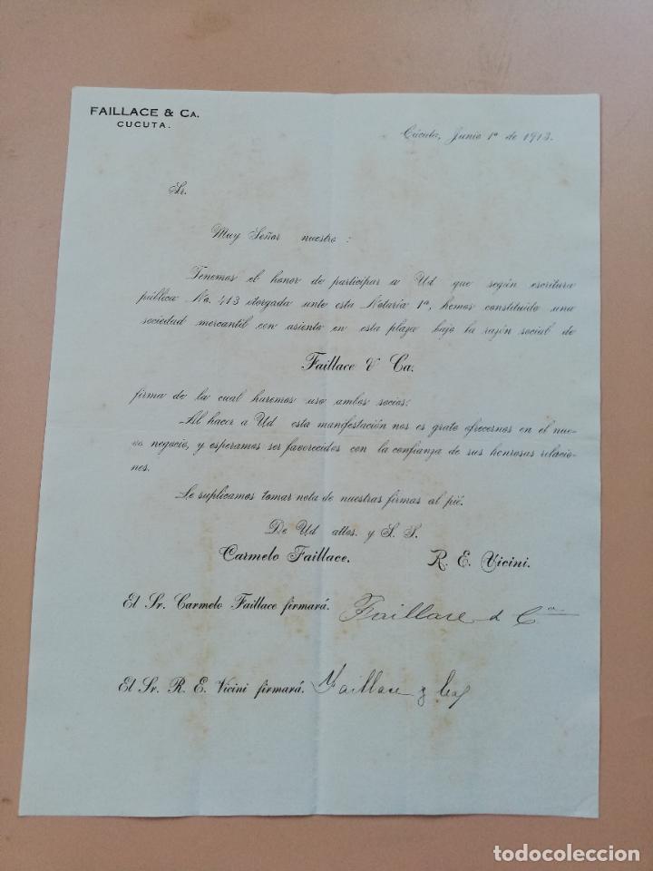 Cartas comerciais: CARTA COMERCIAL. FAILLACE & CA. CUCUTA, COLOMBIA. 1913.