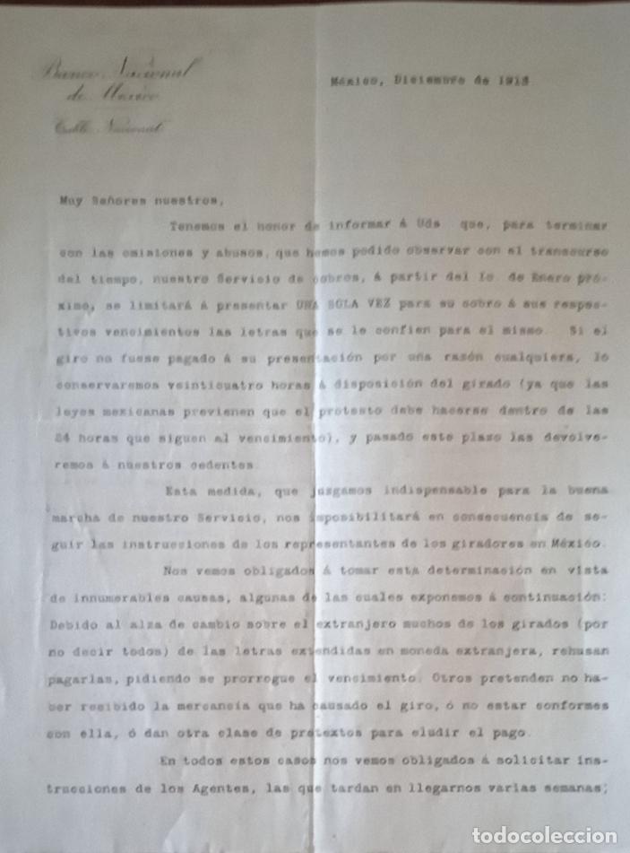 Cartas comerciais: CARTA COMERCIAL. BANCO NACIONAL DE MEXICO. MEXICO. 1913.