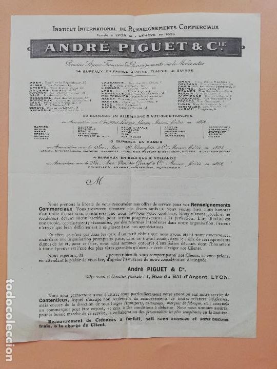 Cartas comerciais: CARTA COMERCIAL. ANDRE PIGUET & CIE. INSTITUT INTERNATIONAL DE RENSEIGNEMENTS. BORDEAUX.