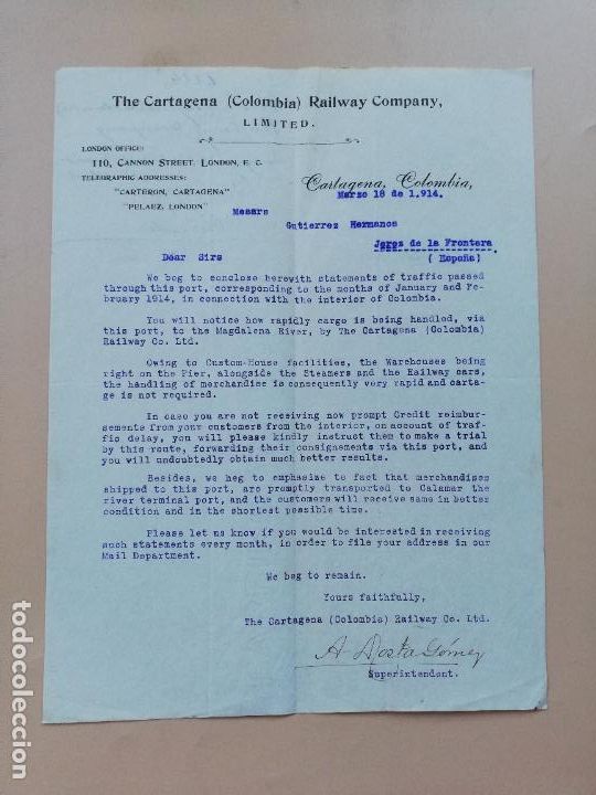 Cartas comerciais: CARTA COMERCIAL. THE CARTAGENA, COLOMBIA. RAILWAY COMPANY. 1914.