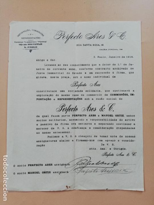 Cartas comerciais: CARTA COMERCIAL. PERFECTO ARES & C. S. PAULO, JANEIRO. 1914.