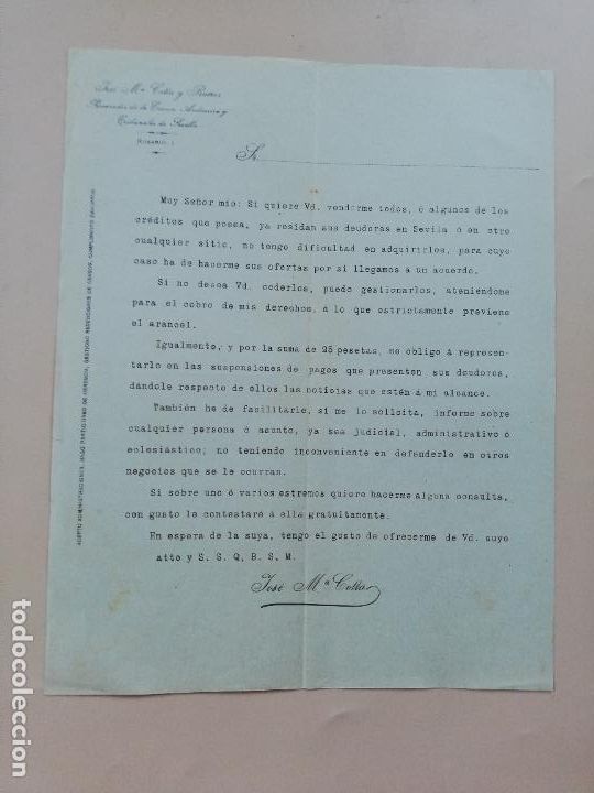 Cartas comerciais: CARTA COMERCIAL. JOSE M&ordf; COTTA Y RAMOS. PROCURADOR TRIBUNALES DE SEVILLA. SEVILLA. 1914.