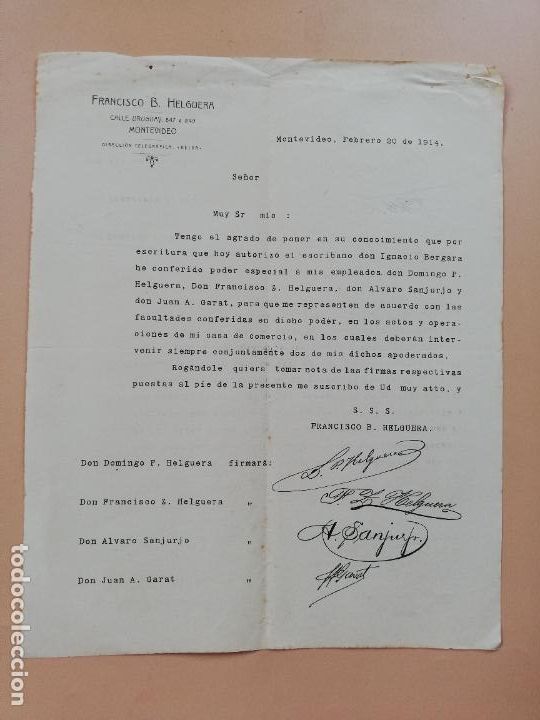 Cartas comerciais: CARTA COMERCIAL. FRANCISCO B. HELGUERA. MONTEVIDEO, URUGUAY. 1914.