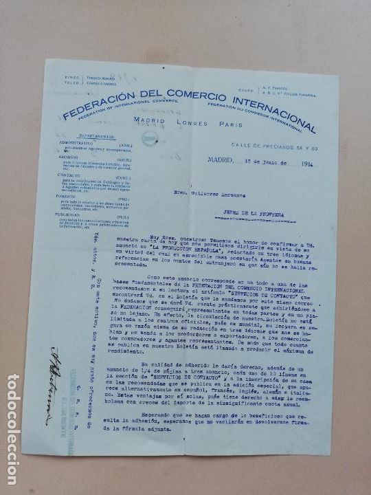 Cartas comerciais: CARTA COMERCIAL. FEDERACION DEL COMERCIO INTERNACIONAL. MADRID. 1914.