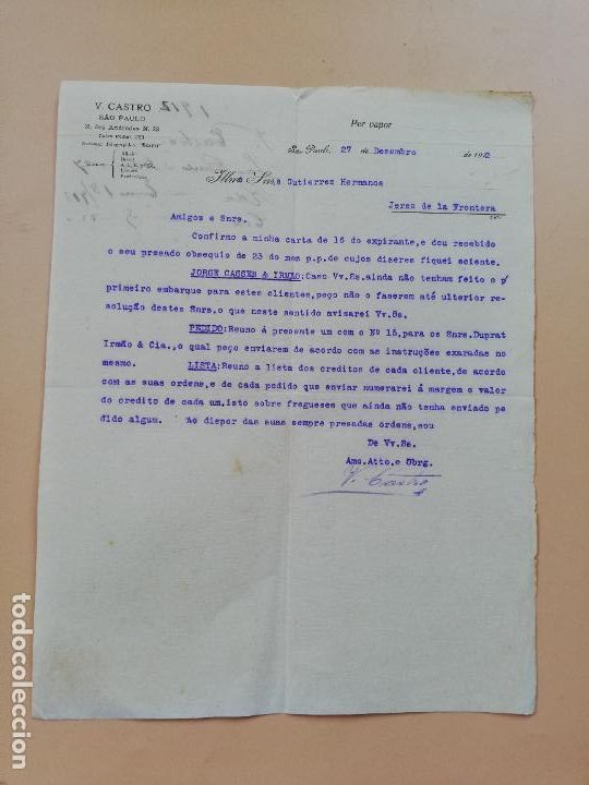 Cartas comerciais: CARTA COMERCIAL. V. CASTRO. POR VAPOR. SAO PAULO. 1912.