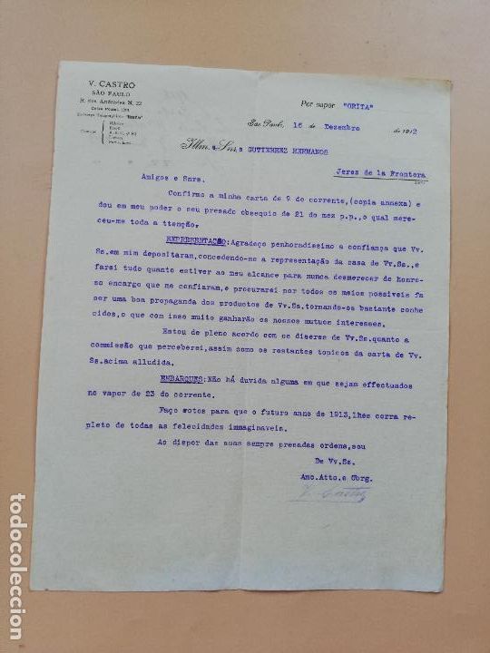 Cartas comerciais: CARTA COMERCIAL. V. CASTRO. POR VAPOR. SAO PAULO. 1912.