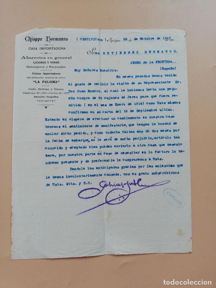 Cartas comerciais: CARTA COMERCIAL. CHIAPPE HERMANOS. ABARROTES EN GENERAL, LICORES Y VINOS. IQUIQUE, CHILE. 1913.