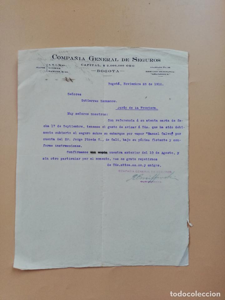 Cartas comerciais: CARTA COMERCIAL. COMPA&Ntilde;IA GENERAL DE SEGUROS. BOGOTA. 1912.