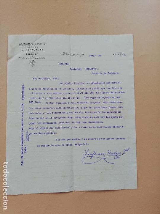Cartas comerciais: CARTA COMERCIAL. SINFOROSO CARDOSO V. BUCARAMANGA, COLOMBIA. 1913.