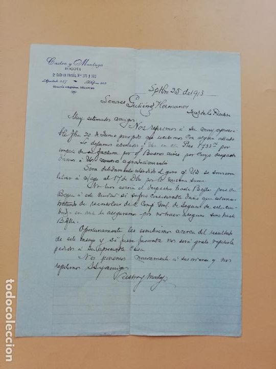 Cartas comerciais: CARTA COMERCIAL. CASTRO Y MONTOYA. BOGOTA. 1913.