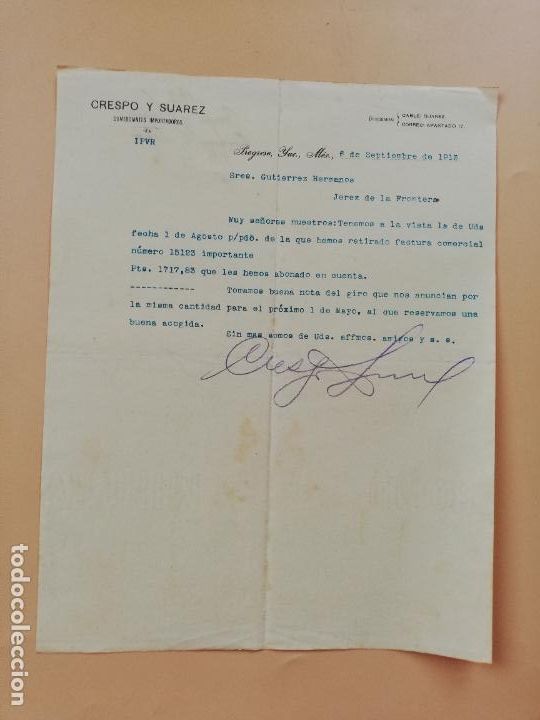 Cartas comerciais: CARTA COMERCIAL. CRESPO Y SUAREZ. COMERCIANTES IMPORTADORES. PROGRESO, YUC, MEXICO. 1913.