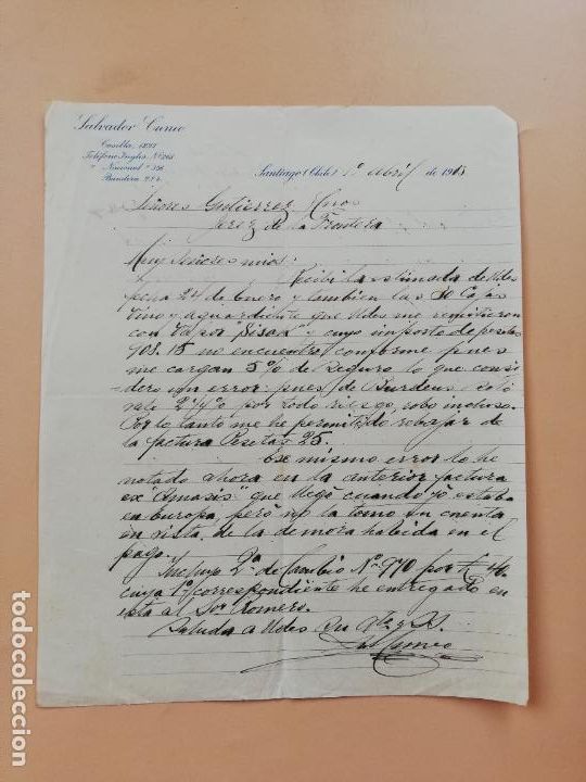Cartas comerciais: CARTA COMERCIAL. SALVADOR CUNCO. SANTIAGO, CHILE. 1913.