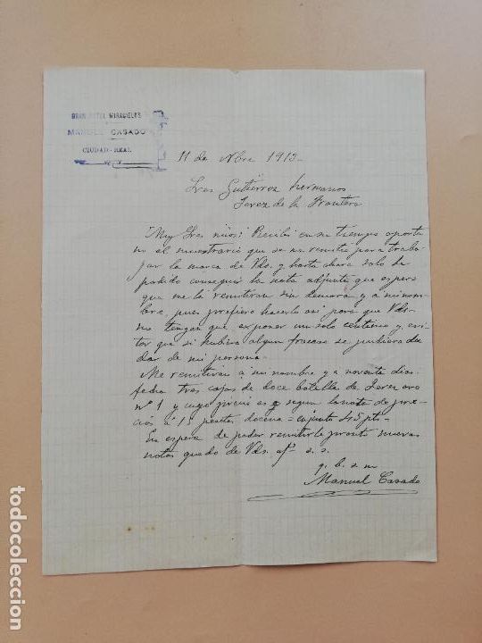 Cartas comerciais: CARTA COMERCIAL. GRAN HOTEL MIRACIELOS. MANUEL CASADO. CIUDAD REAL. 1913.