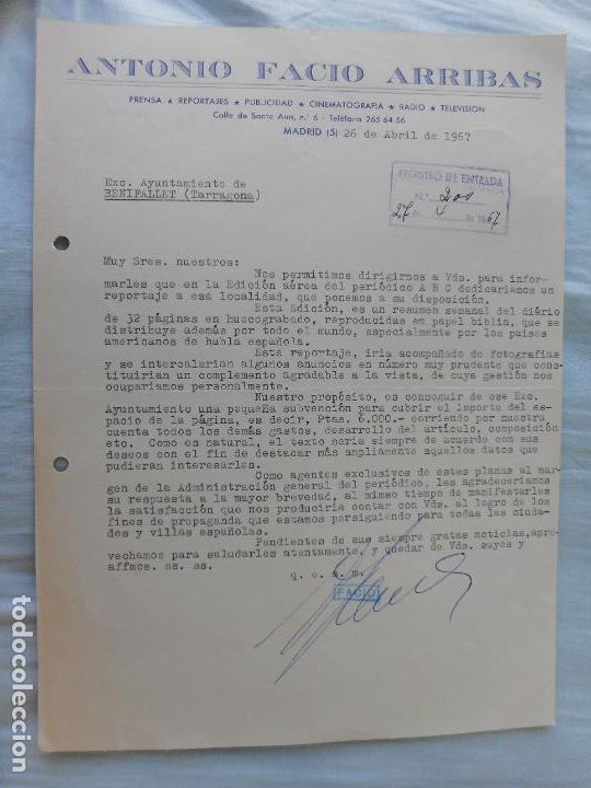 Lettres commerciales: ANTIGUA ANTIGUA CARTA ANTONIO FACIO ARRIBAS. PRENSA REPORTAJES PUBLICIDAD MADRID 1967. BENIFALLET