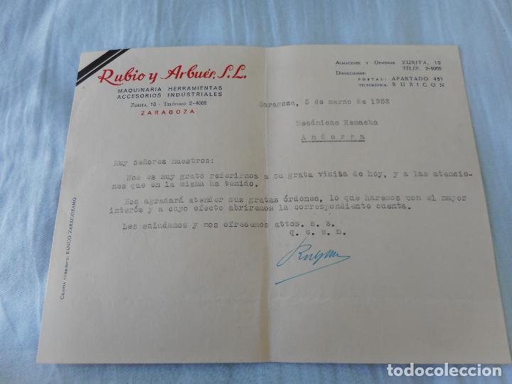Lettres commerciales: ANTIGUA CARTA COMERCIAL RUBIO Y ARBUES S.L MAQUINARIA INDUSTRIAL ZARAGOZA 1952