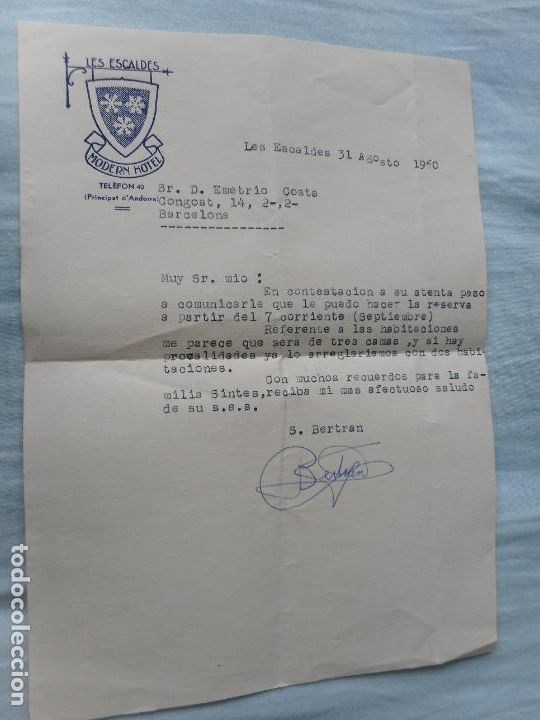 Cartas comerciais: ANTIGUA CARTA MODERN HOTEL LES ESCALDES ANDORRA 1960