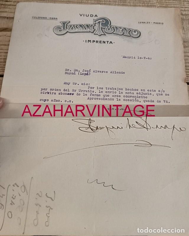 Cartas comerciais: MADRID, 1943, CARTA COMERCIAL IMPRENTA VIUDA JUAN PUEYO, CALLE LUNA