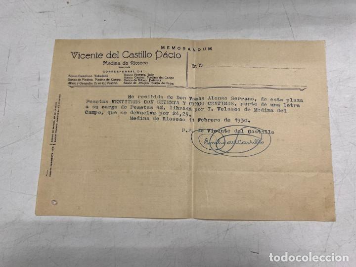 Commercial Letters: MEMORANDUM. VICENTE DEL CASTILLO P&Aacute;CIO. MEDINA DE RIOSECO, 1930. VER FOTOS