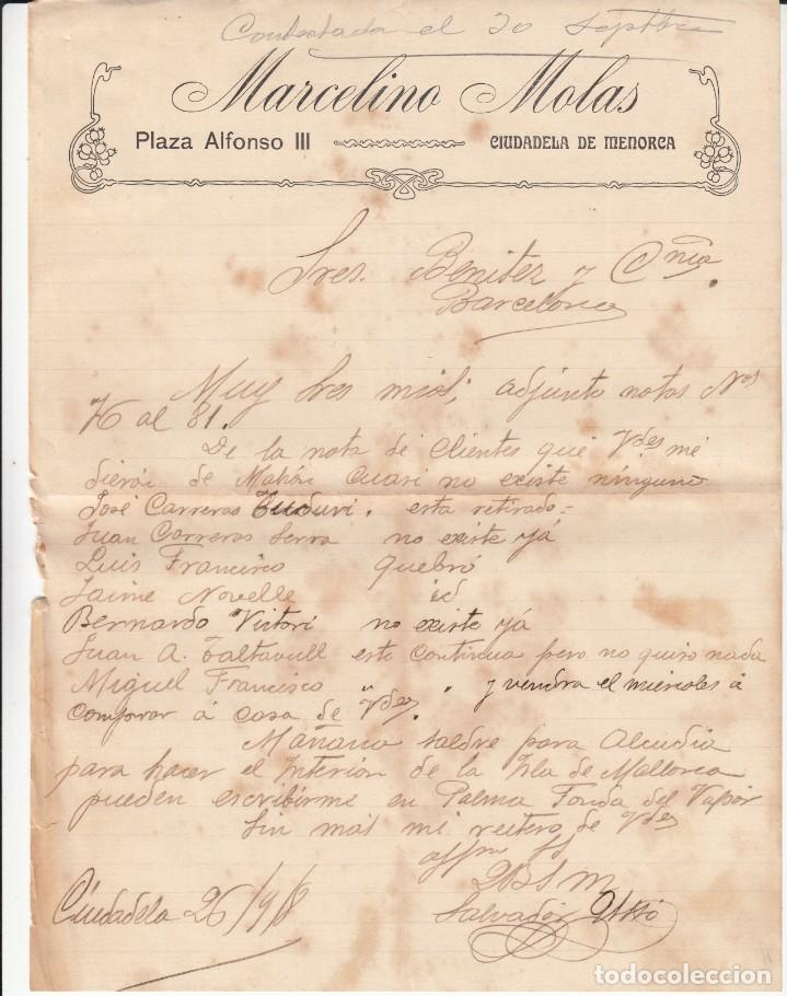 Cartas comerciales: CARTA COMERCIAL DE COMERCIO MARCELINO MOLAS EN CIUTADELLA - MENORCA - 1908 - Foto 1