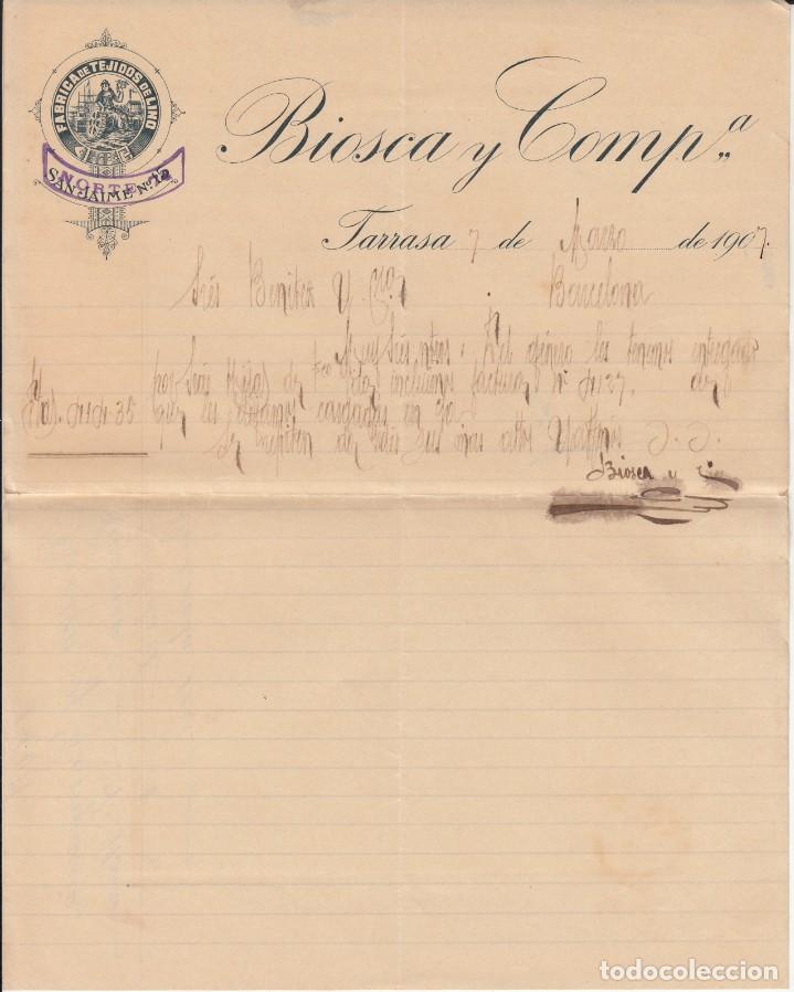 Cartas comerciales: 5 DOCUMENTOS COMERCIALES DE BIOSCA Y COMP. EN TERRASSA - 1907 - Foto 1