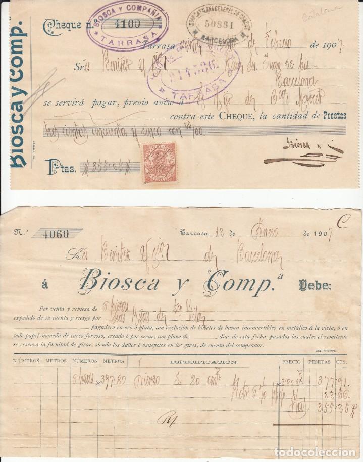 Cartas comerciales: 5 DOCUMENTOS COMERCIALES DE BIOSCA Y COMP. EN TERRASSA - 1907 - Foto 2